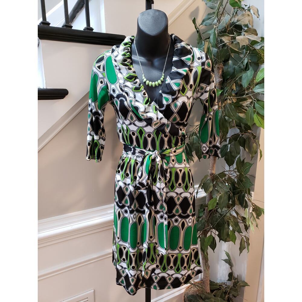 Glam Dress Wrap V-Neck Women S Multicolor Polyester Ruffle Tie Waist 3/4 Sleeve